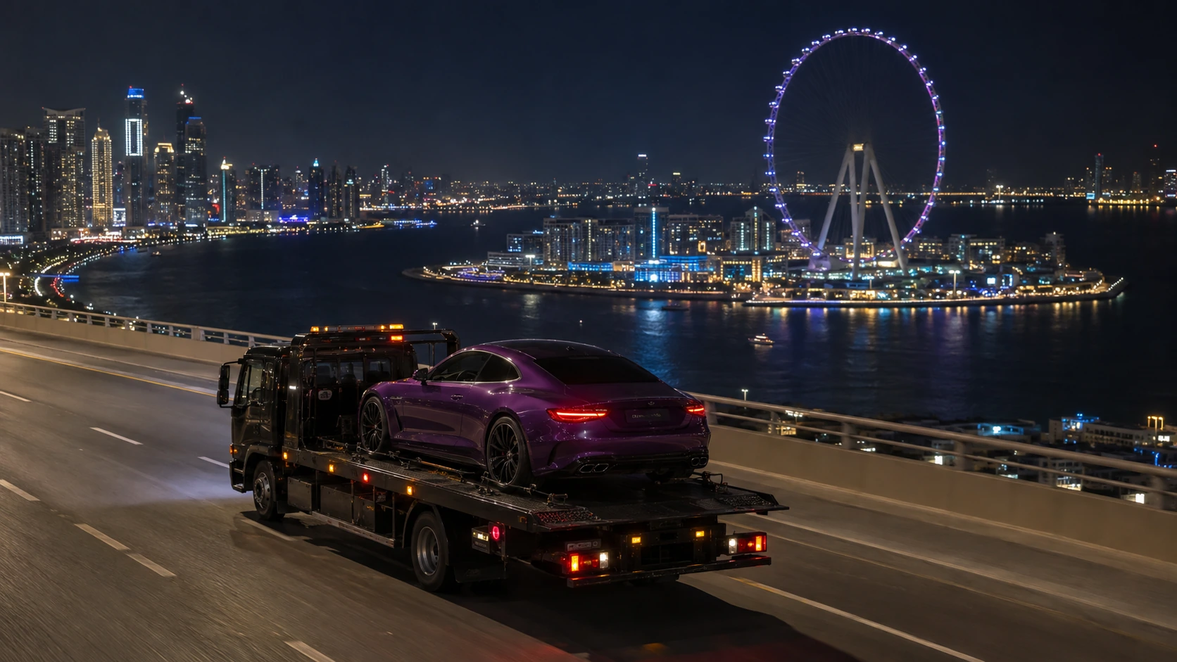 Purple coupe on a black flatbed truck beside Ain Dubai at night.